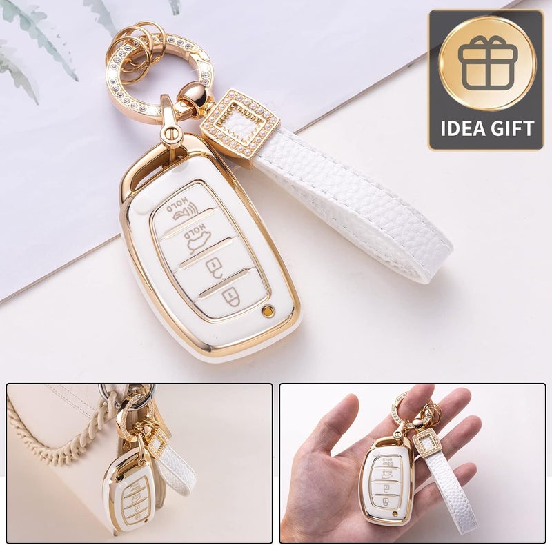 CACARLIKE for Hyundai Key Fob Cover with Leather Lanyard, Car Key Fob Case Compatible with Hyundai Elantra Elantra GT Ioniq Sonata Tucson Smart 4 Buttons Smart Key Protector Holder - Image 4